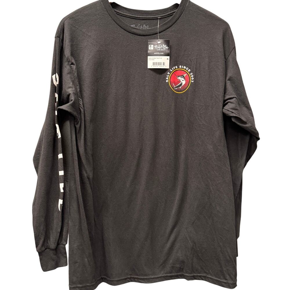 Salt Life T-Shirt Mens Medium Black Long Sleeve Spellout Sleeve Pre-Shrunk‎ NEW